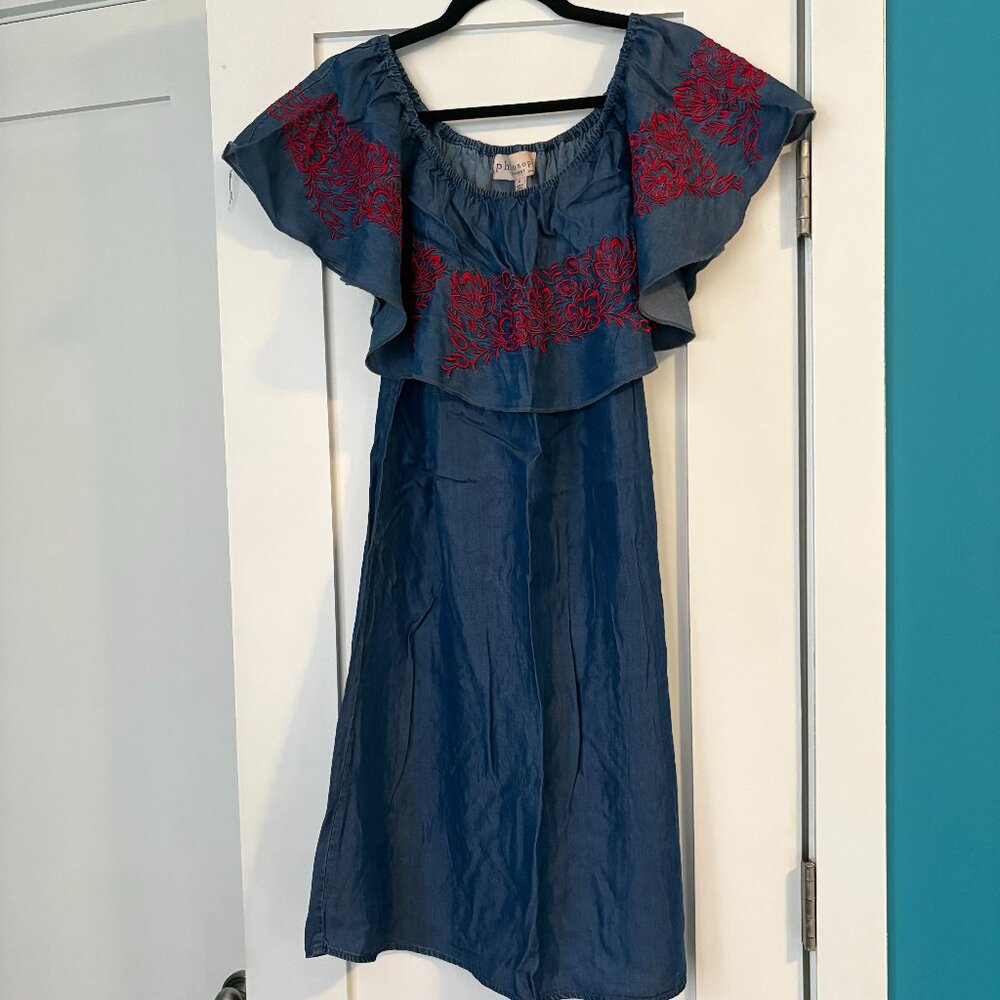 NWT Philosophy blue and red ruffled neck embroidered dress
